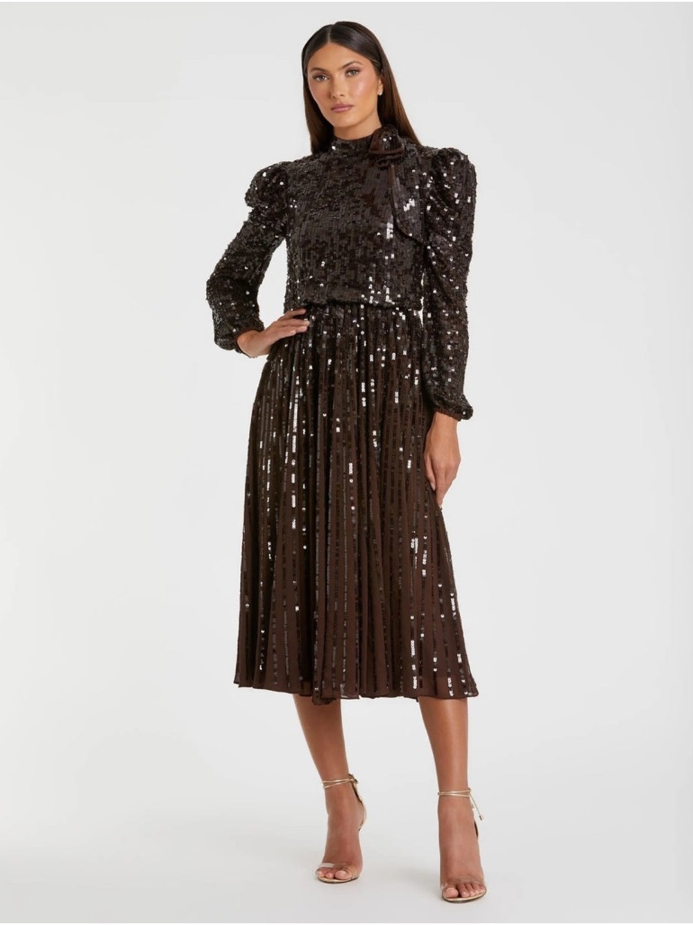 Mac Duggal 93642 Brown Long Sleeve Sequin Tea Length Dress Size 10 NWT